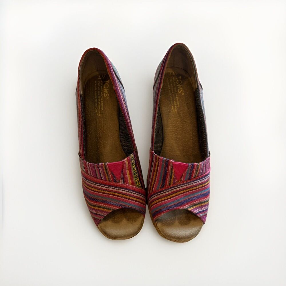 Toms Women's Peep-Toe Wedge Espadrille, Striped, Multi-Color, Size 7, Summer